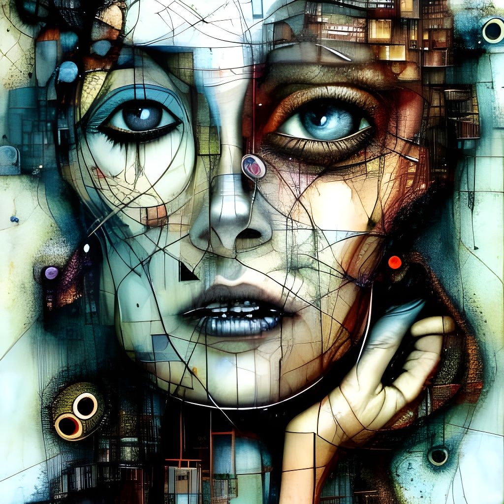 Woman's Portrait with Displaced Features in Maximalist Style