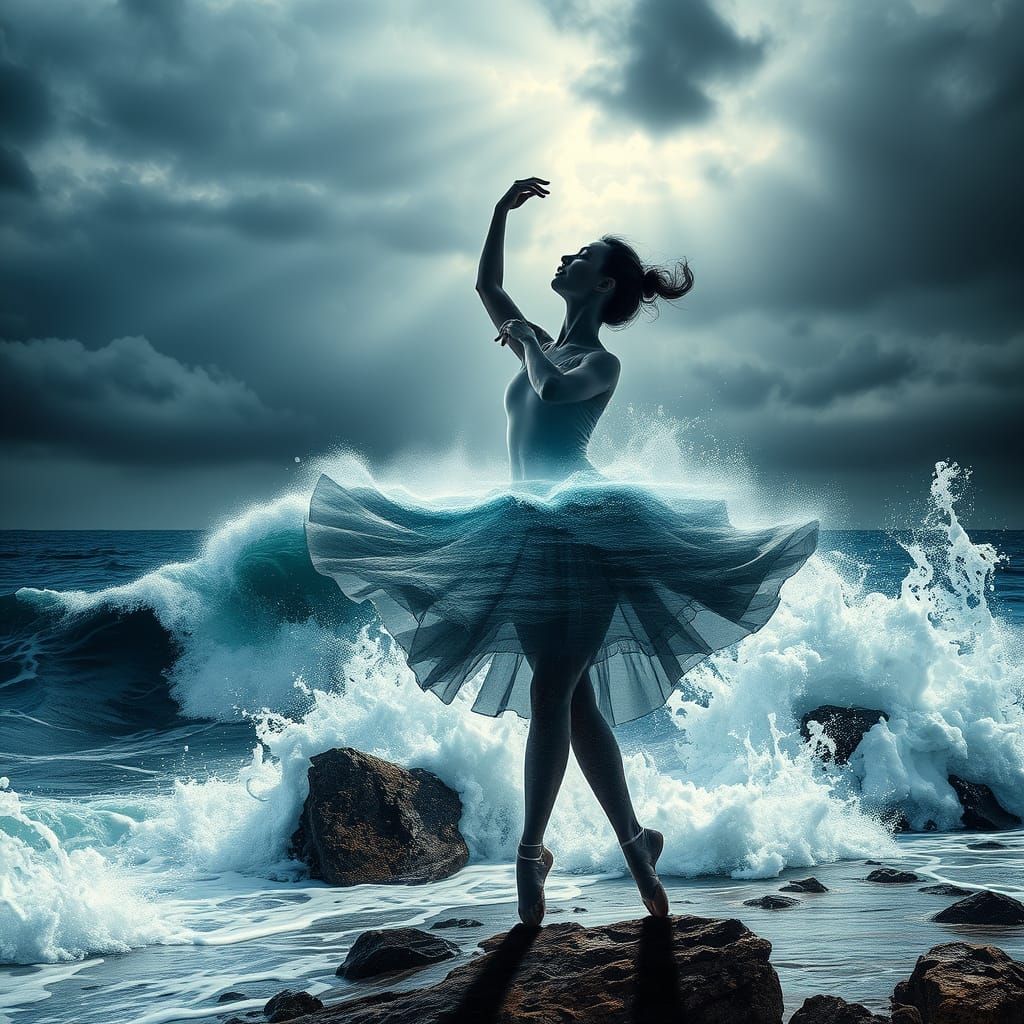 Ballerina and Stormy Ocean Double Exposure