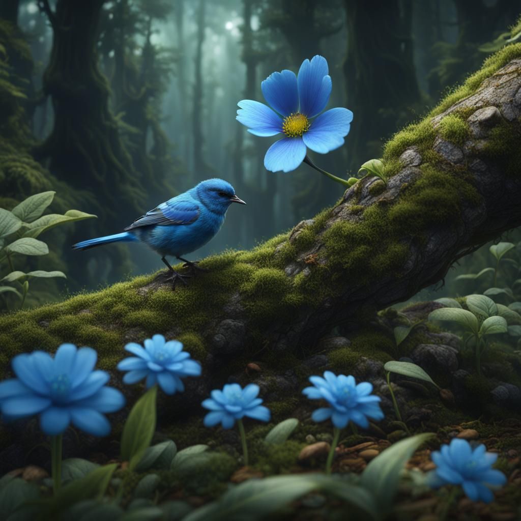 Blue Flower and Bird in Photorealistic Detail