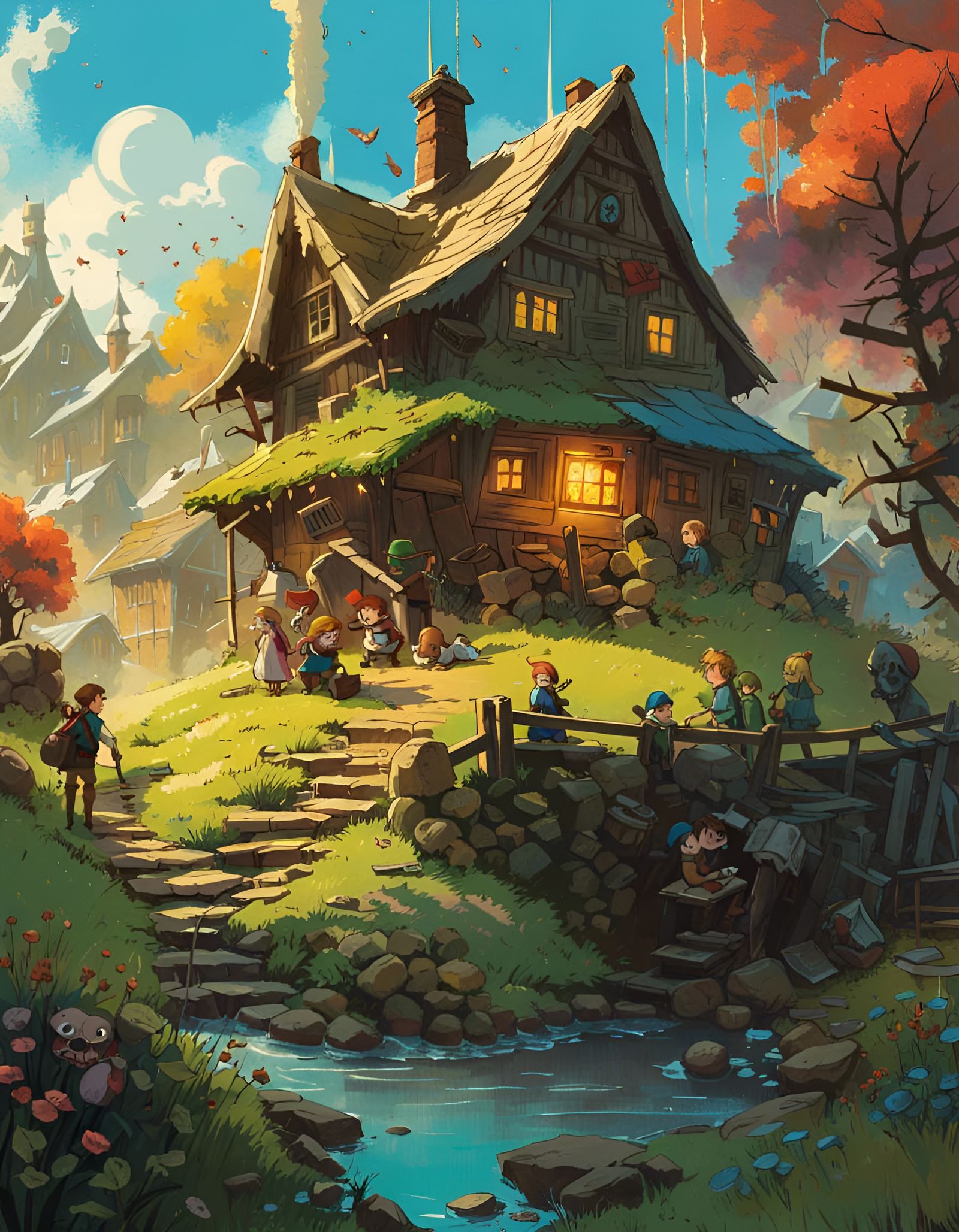 Cozy Village Book Cover Art in Children's Style