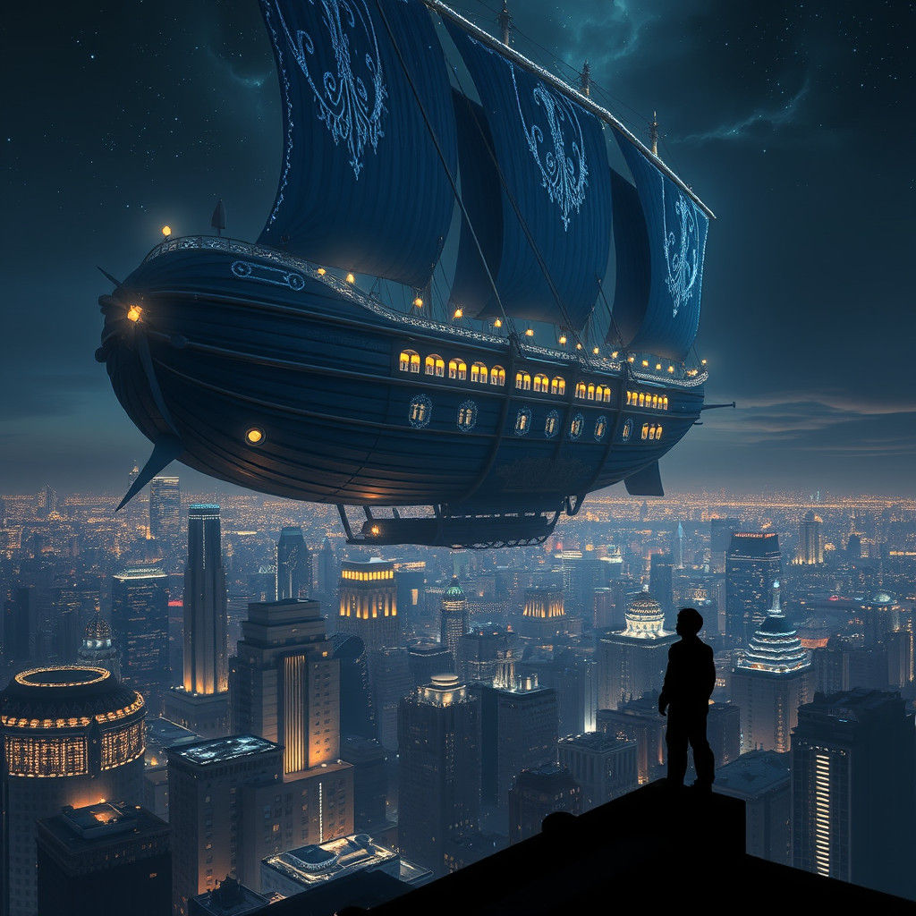 Colossal Airship Soaring Above Cityscape at Night