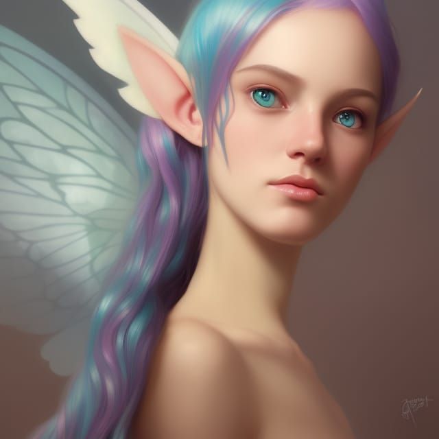 Teal-Haired Fairy Portrait in Art Nouveau Style