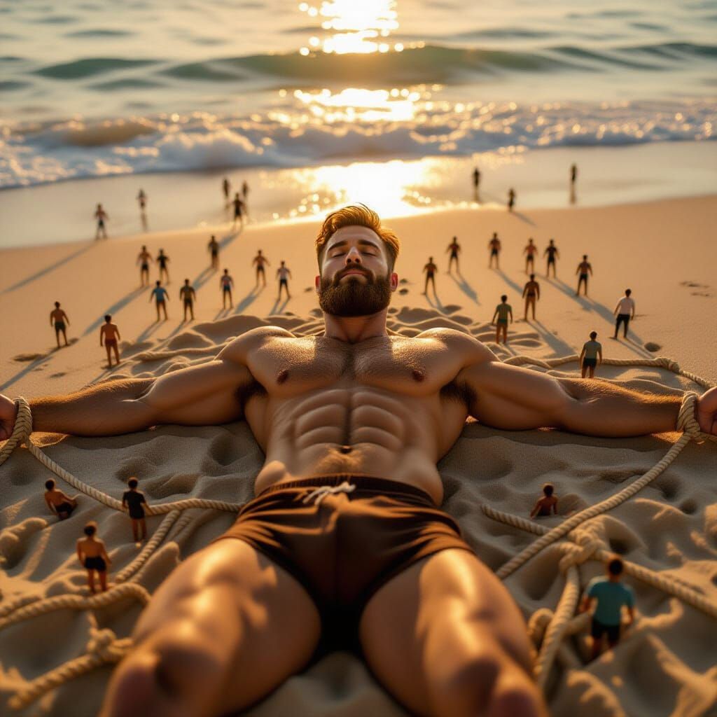 Giant Man on Beach Bound by Tiny People