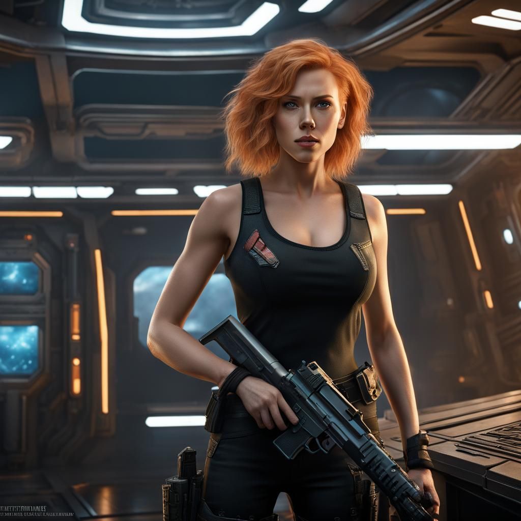 Woman on Starship Deck in Detailed Matte Painting