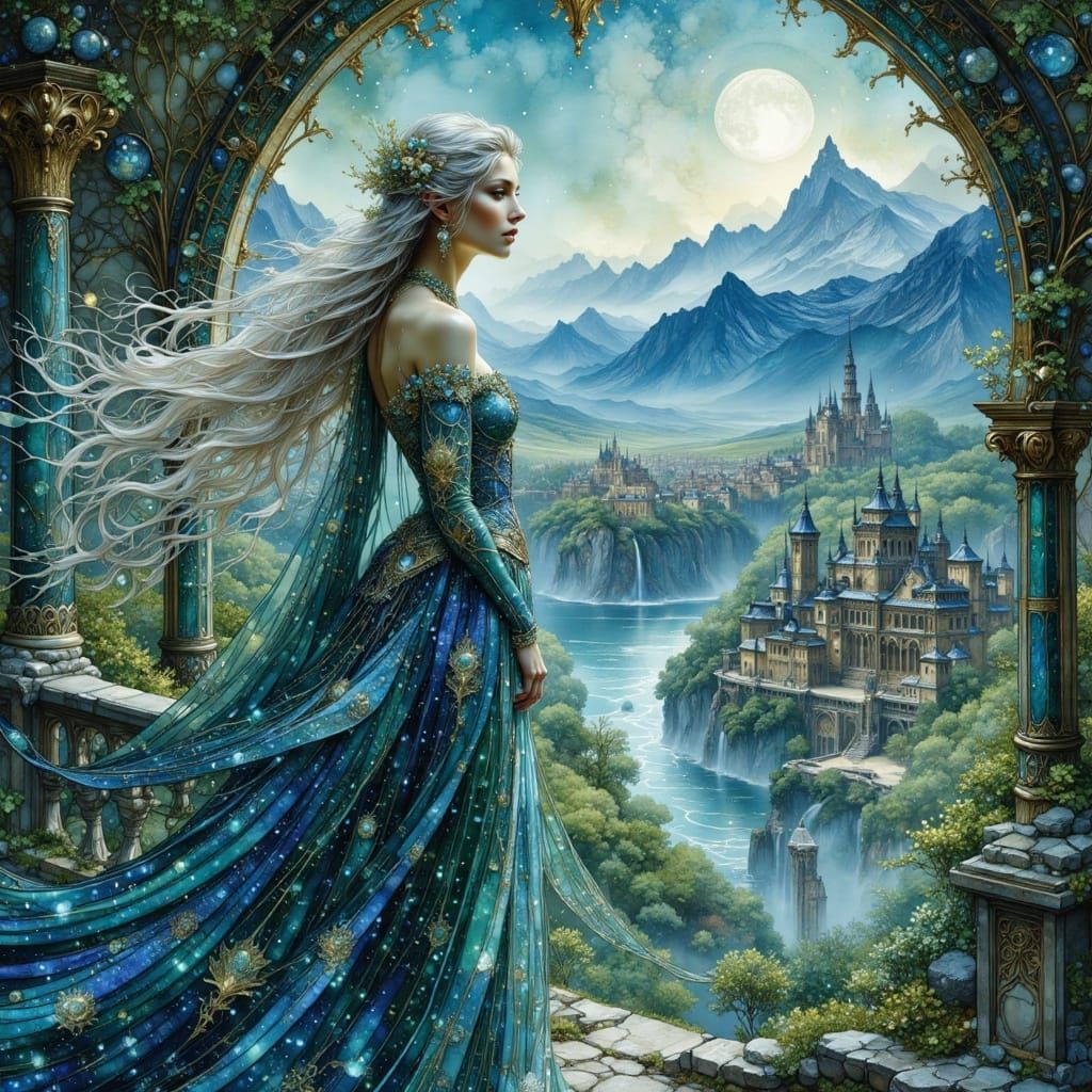 Elven Queen Overlooks City in Art Nouveau Style