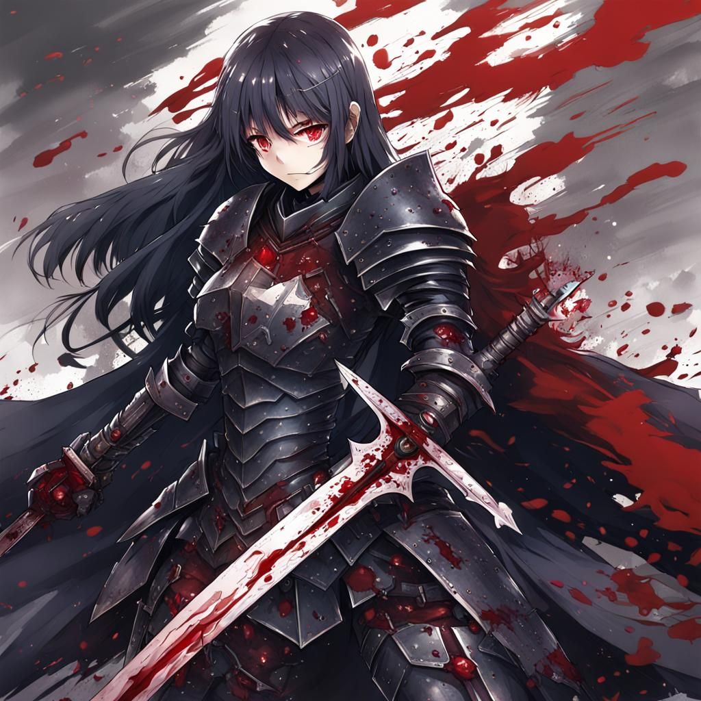 Dark Female Knight with Bloody Sword, Anime Style