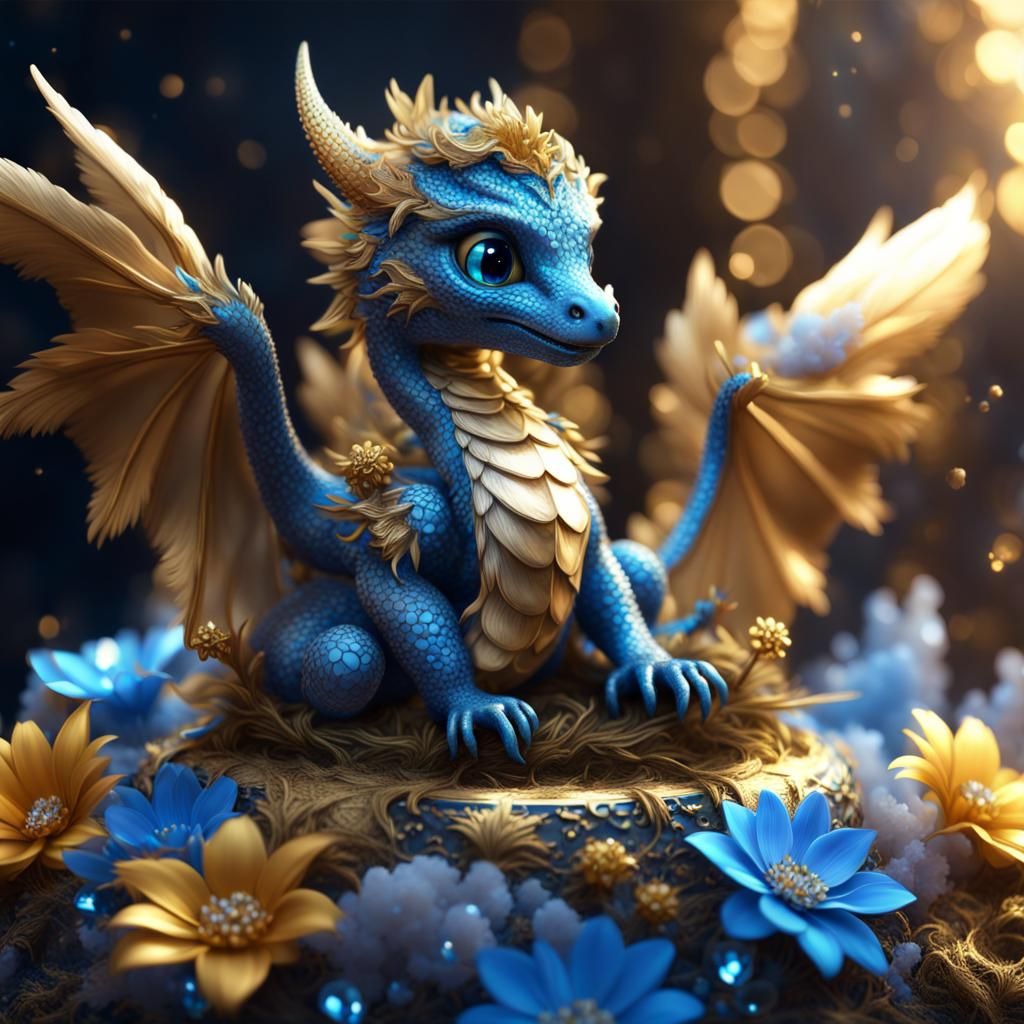 Kawaii Baby Dragon with Crystal Nest: Fantasy Art