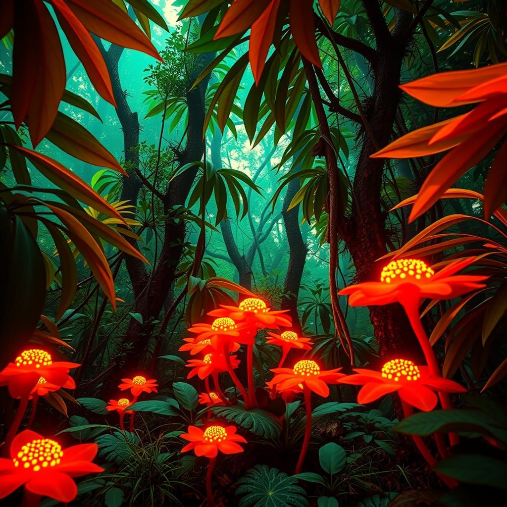 Bright Neon Orange Forest in Glitchcore Style