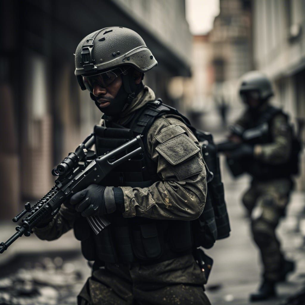Soldiers in Black Uniforms Fighting in City