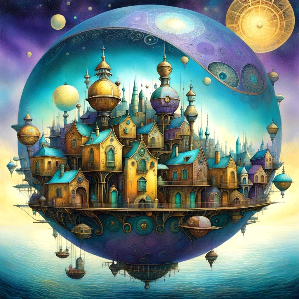 Floating Steampunk City in Surrealist Style