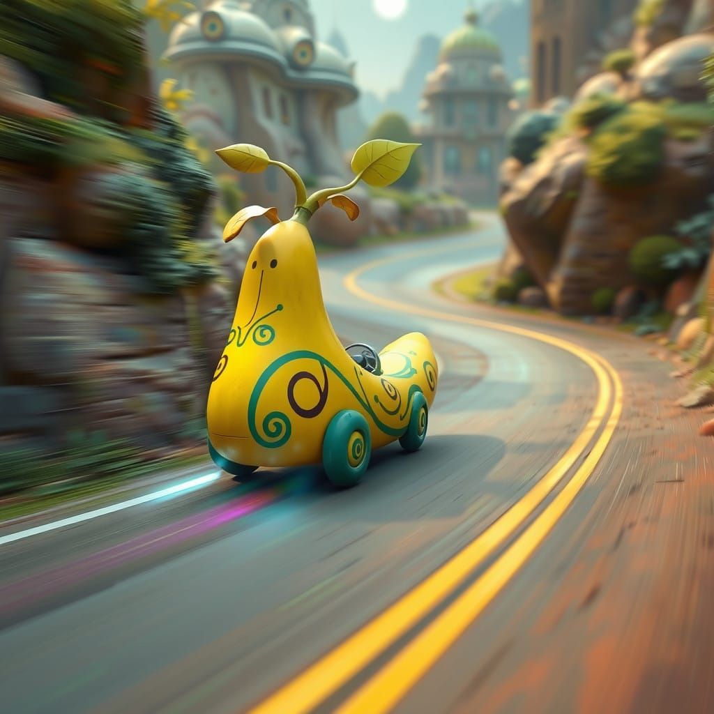 Whimsical Banana Vehicle Speeds Down Winding Street in Dream...