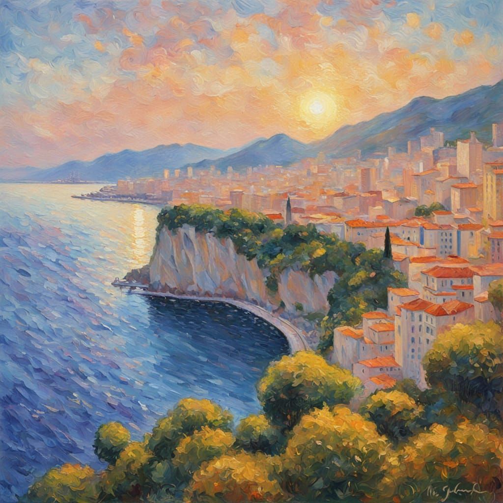 Monte Carlo Coastline in Neo-Impressionist Style