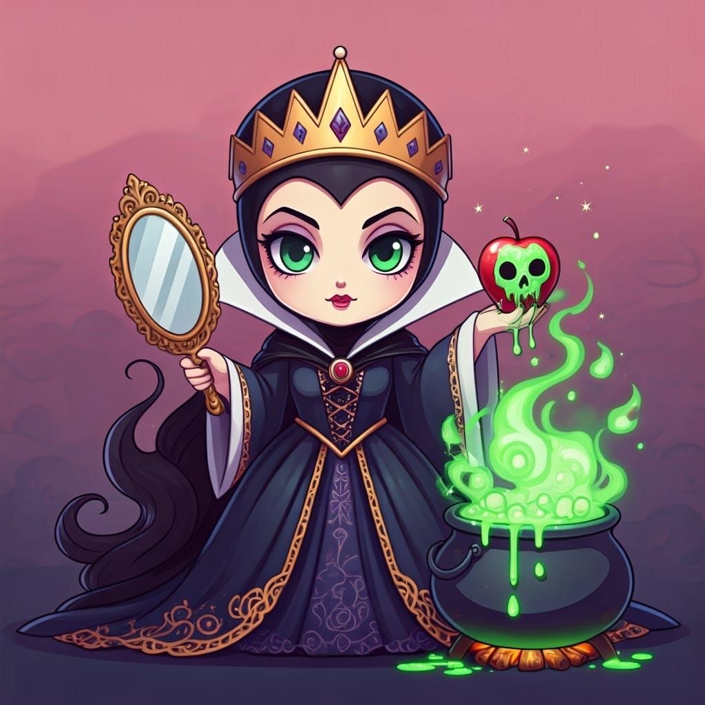 Chibi Evil Queen with Magic Mirror and Poison Apple