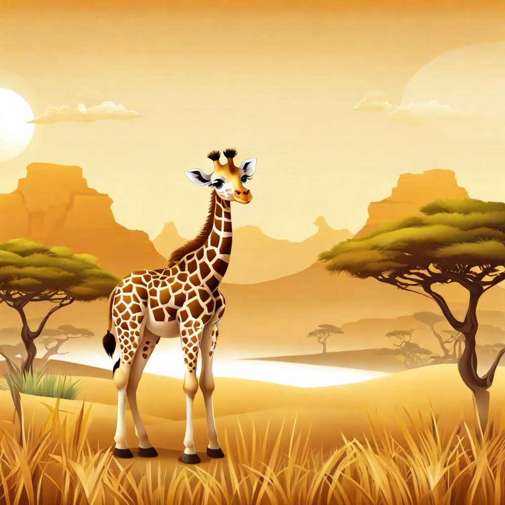 Chibi Baby Giraffe in African Landscape