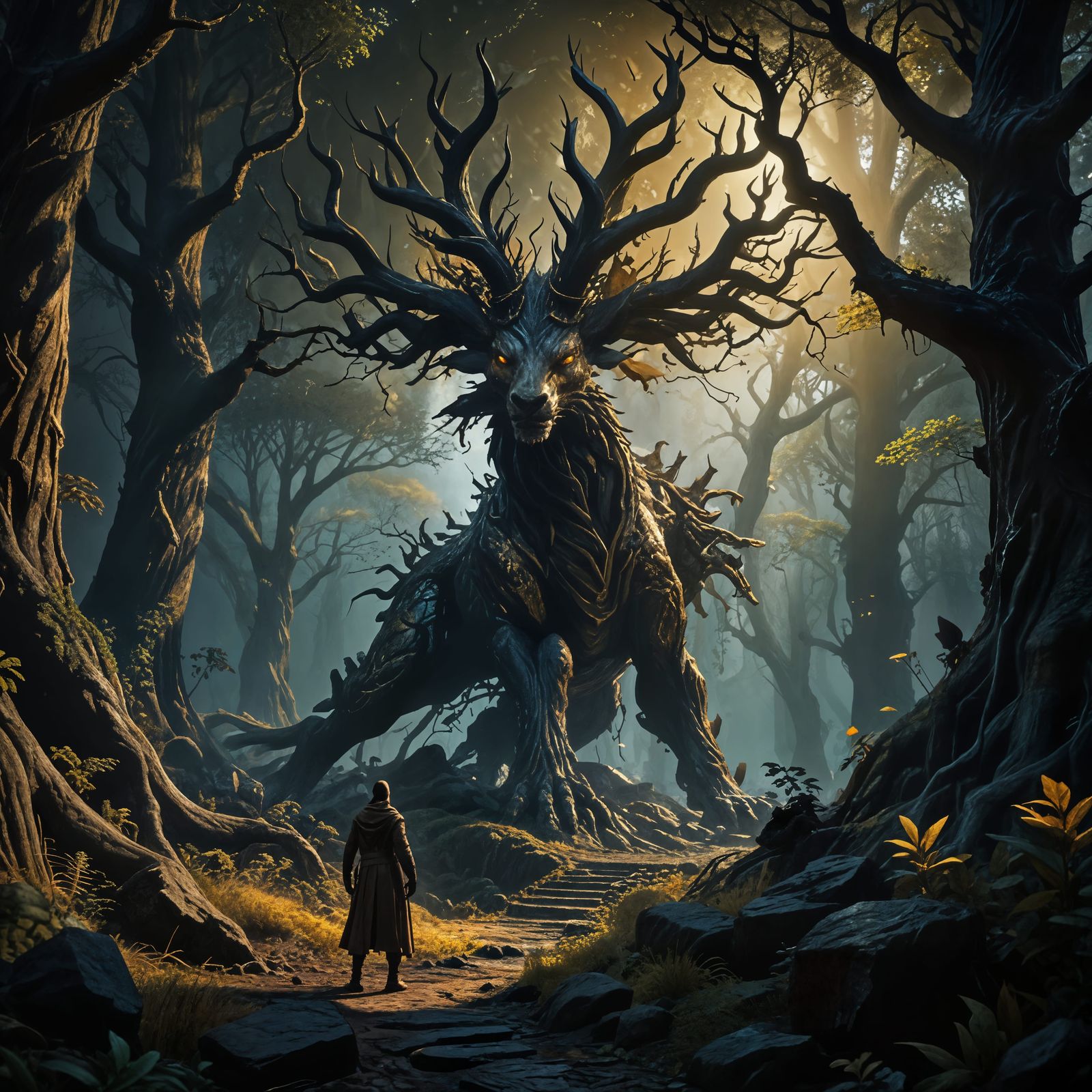 Mysterious Figure in Lavish Forest: Digital Masterpiece
