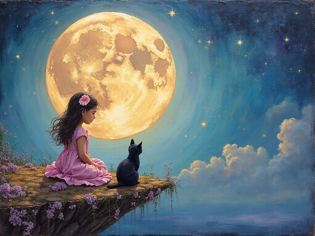 A Young Girl and Her Feline Friend Admire the Majestic Full ...