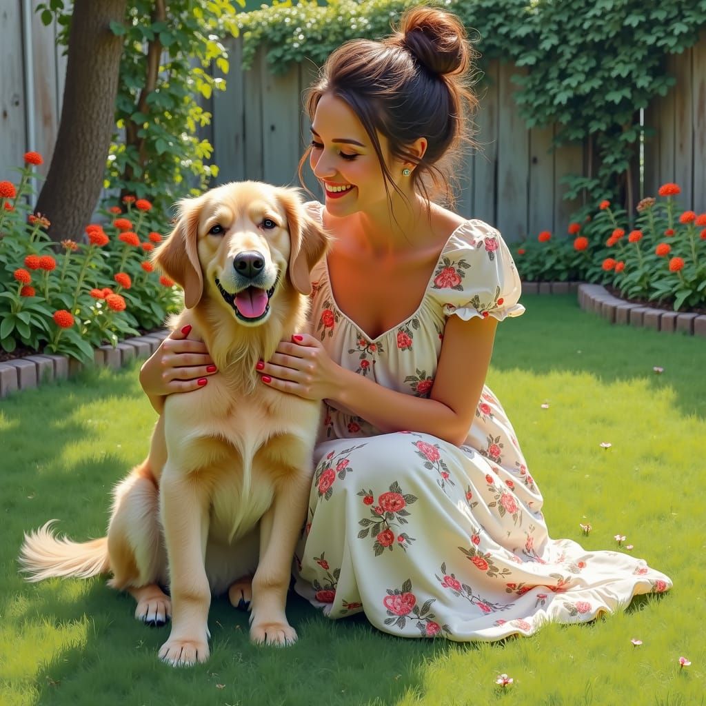 Woman and Golden Retriever in Impressionist Garden