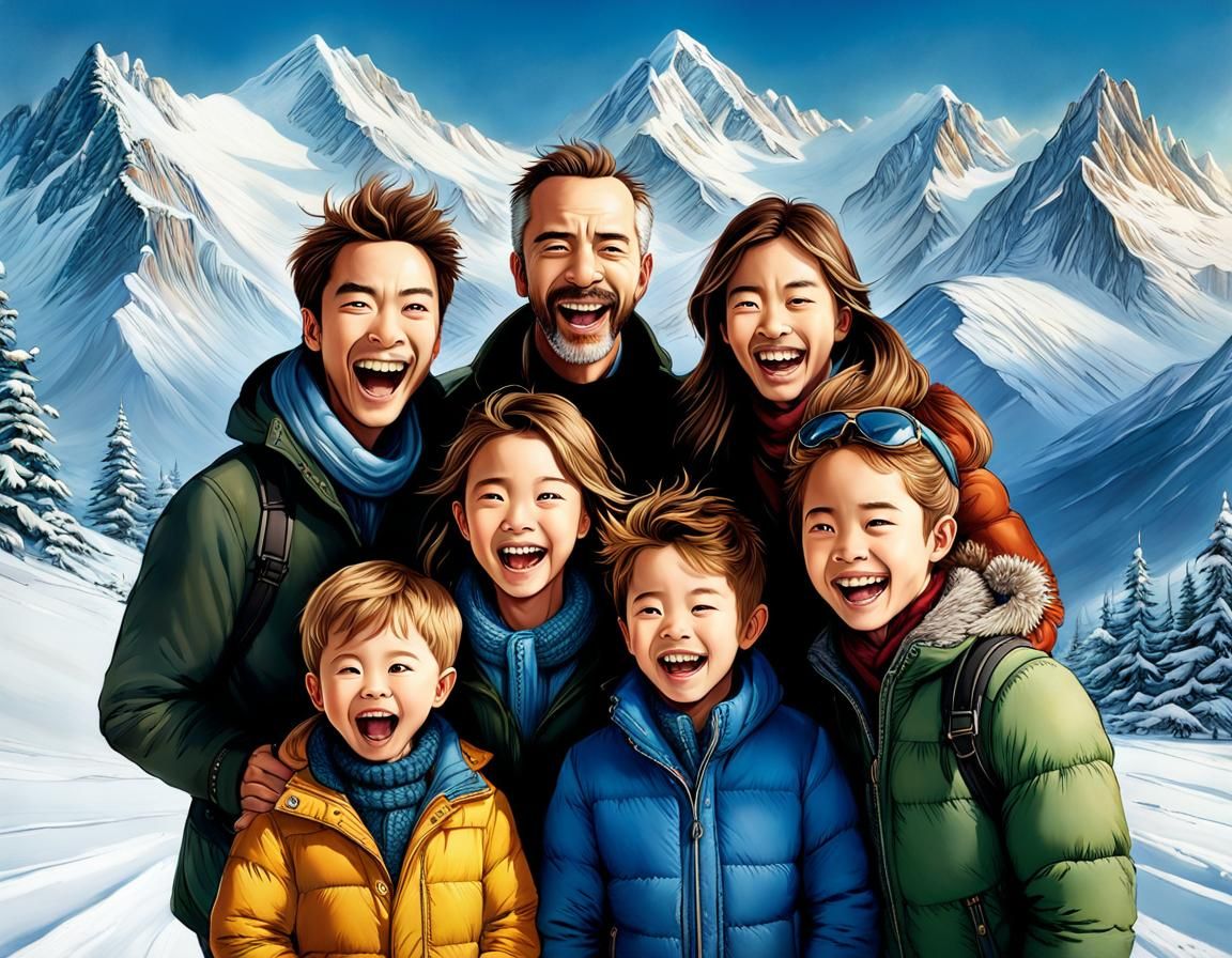 Enthusiastic Family Portrait with Snowy Mountains in Anime S...
