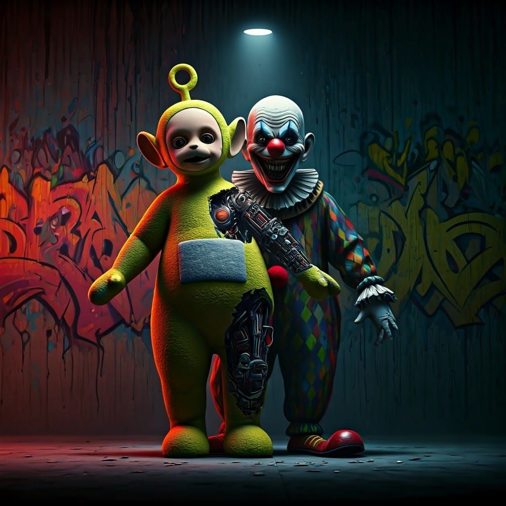 Cybernetic Teletubby Disassembled by Sinister Clown in Gritt...