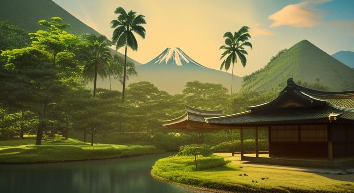 Old japanese architecture hut near Japanese volcano and small water pond, surrounded by palm trees and farmer fields, bl...