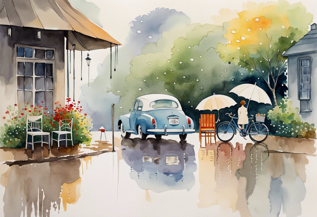 Rainy Day Couple Outside Art Studio in Watercolor