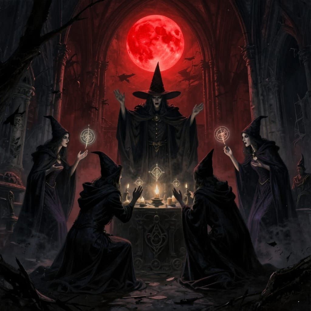 Witches Ritual Under Blood Moon in Gothic Cathedral