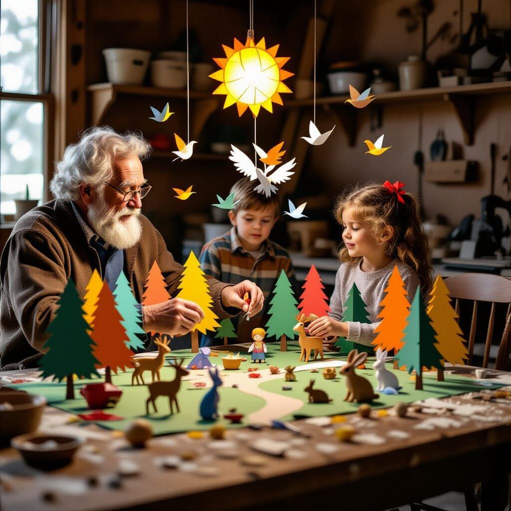 Grandfather Crafts Paper Forest Scene With Granddaughter