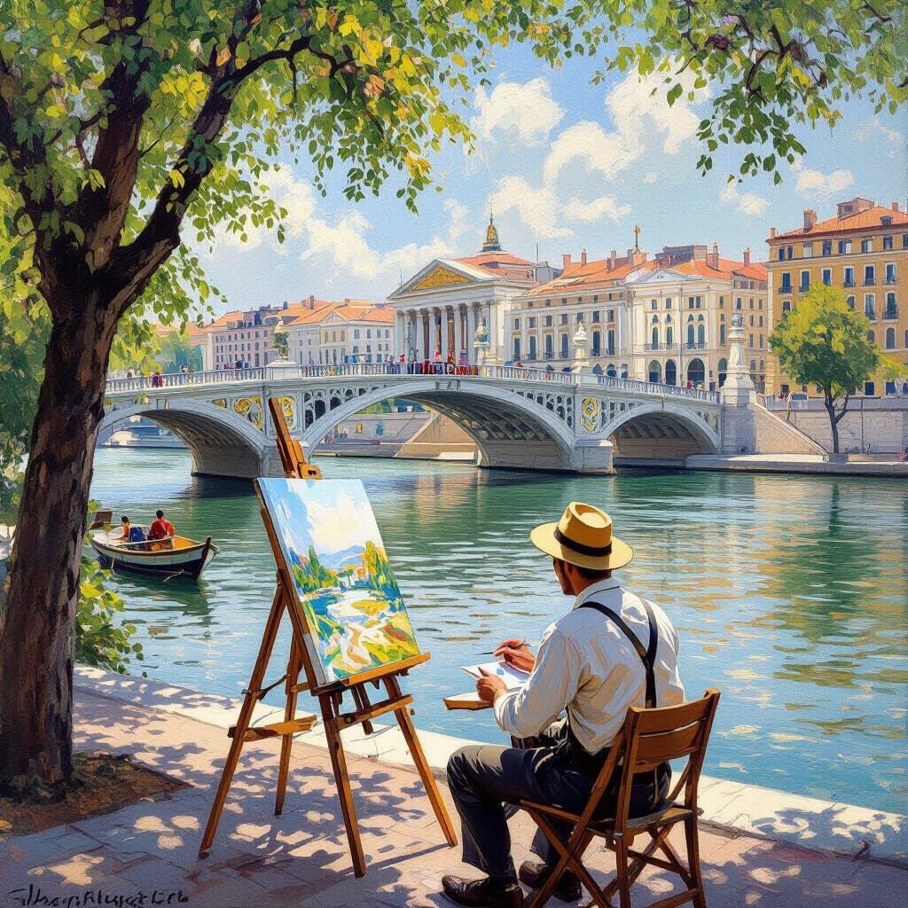 Riverside Artist Painting a Neoclassical View, Impressionism