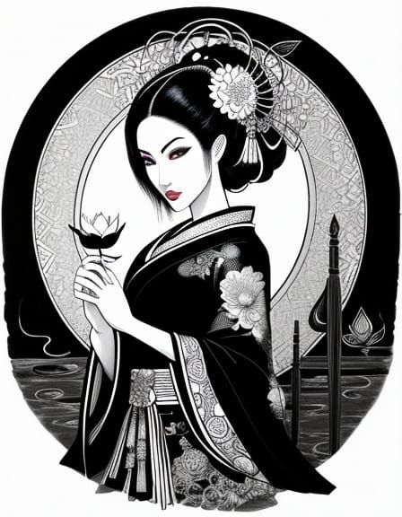 Geisha with Lotus Blossom: Indian Ink Drawing