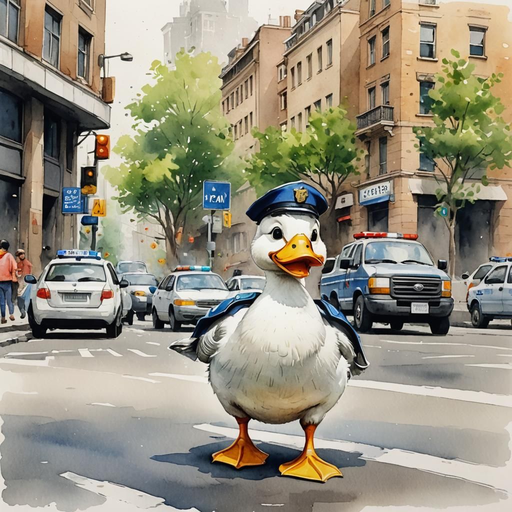 Cute Duck as Traffic Officer in Pixar Style
