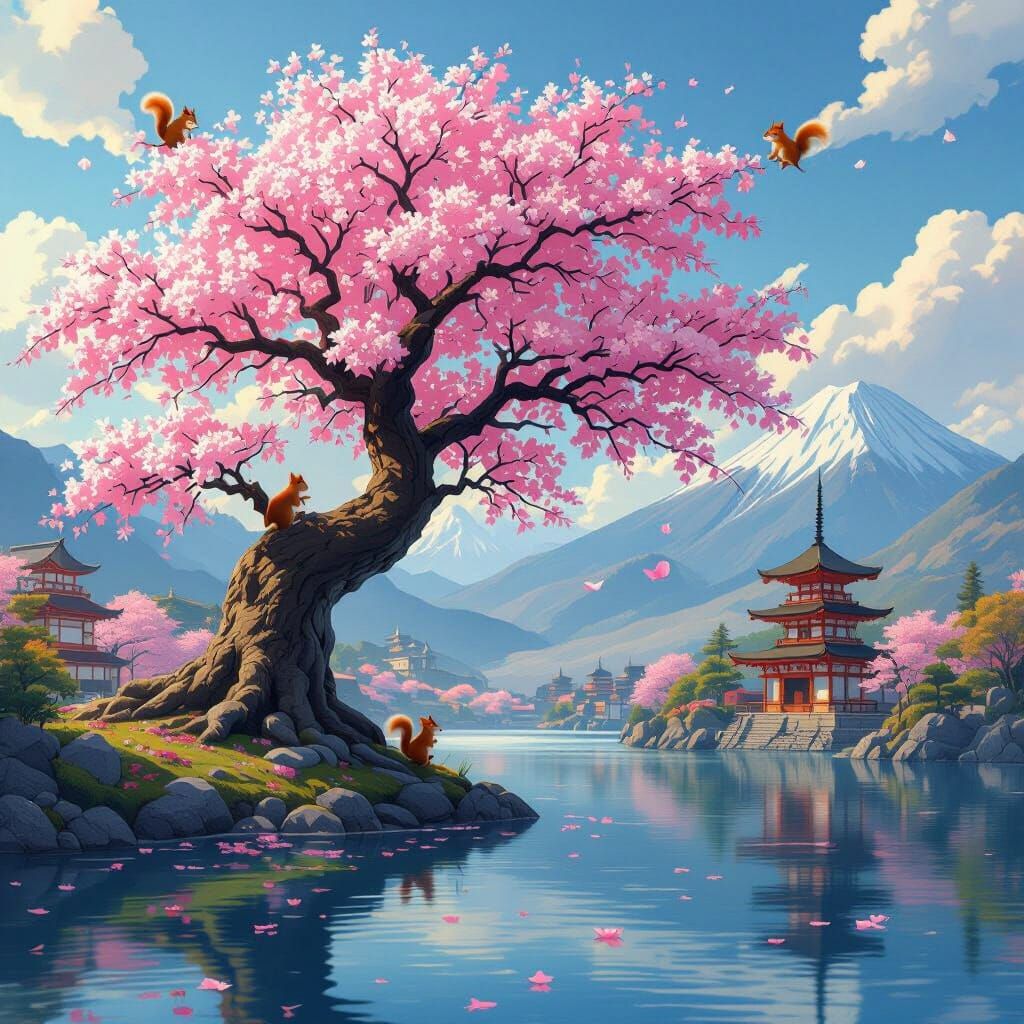 Sakura Tree with Japanese Temple, Dreamy Animation Style