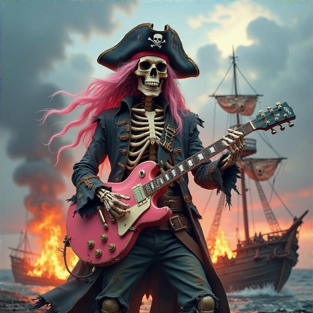 Skeleton Pirate with Guitar Amidst Burning Ship