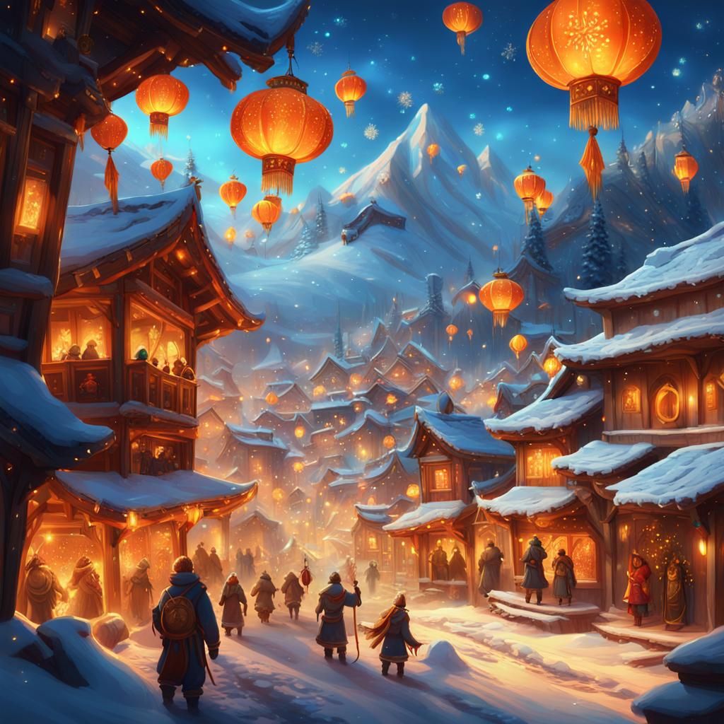 Enchanted Winter Village Festival in Golden Light