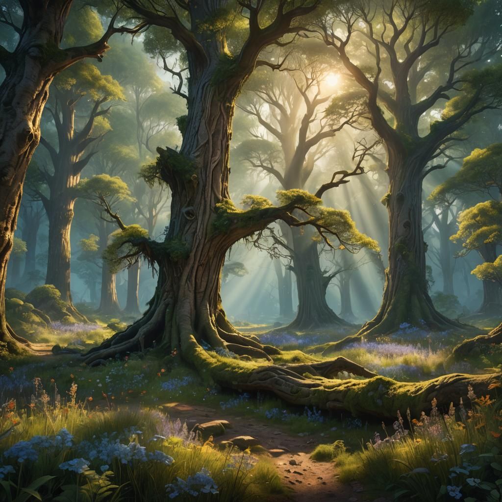 Enchanted Forest Glade with Golden Light, Fantasy Concept Ar...