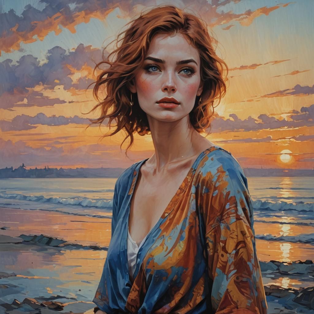 Auburn-Haired Woman with Blue Eyes at Sunset
