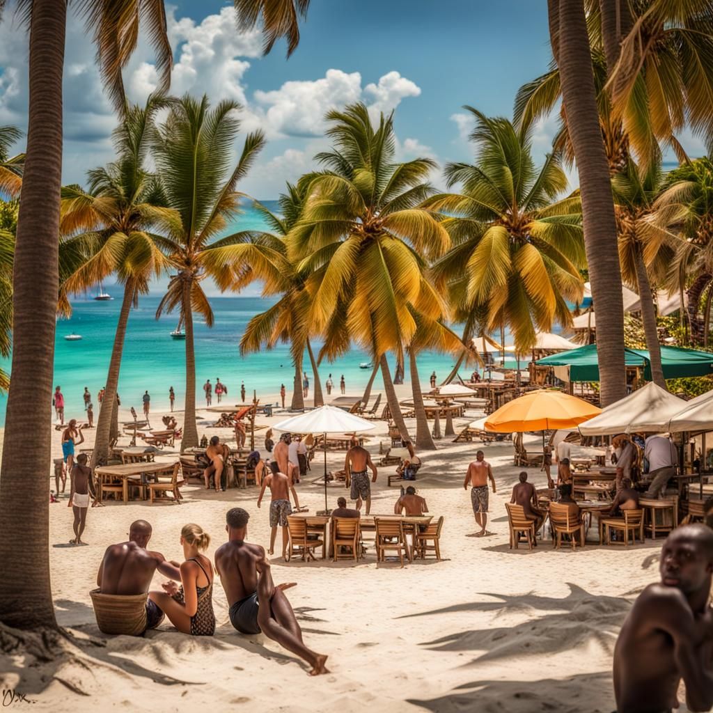 Caribbean Beach Paradise With Palm Trees and Beach Bar