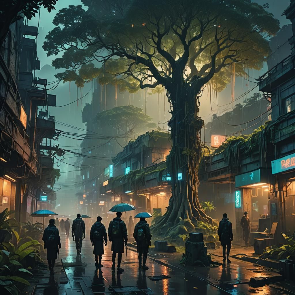 Cyberpunk City Overgrown with Banyan Trees