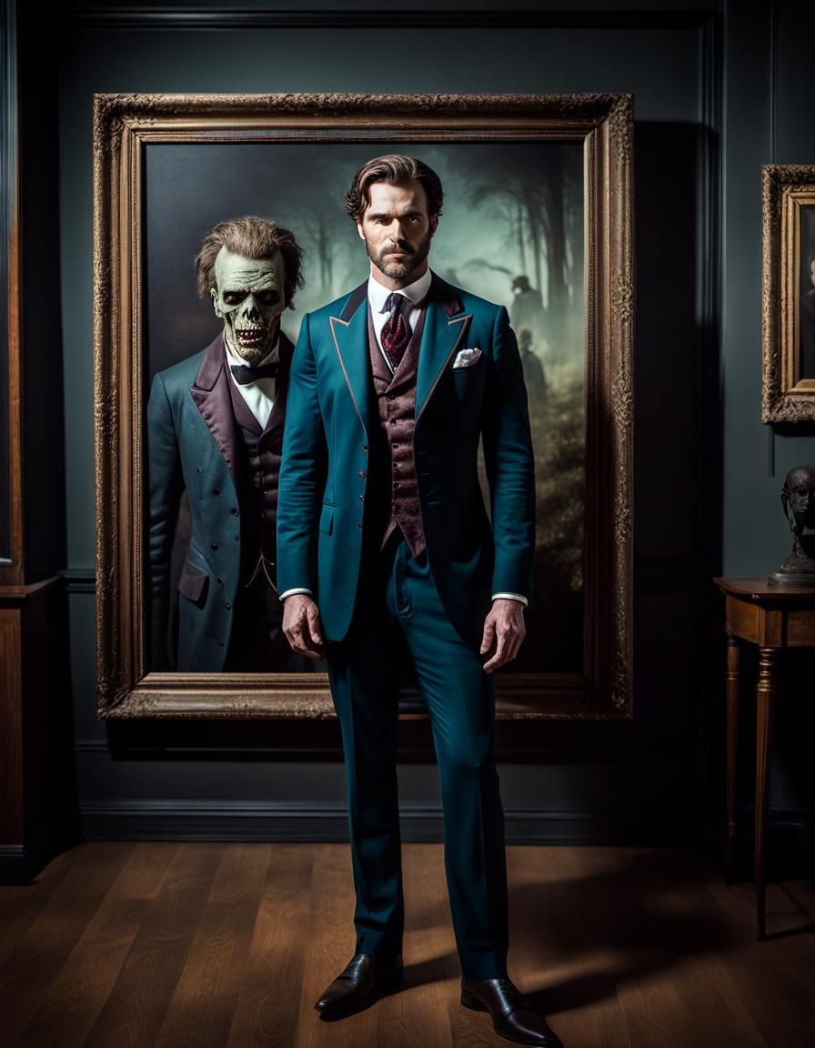 Man Confronts His Zombie Portrait in Film Still