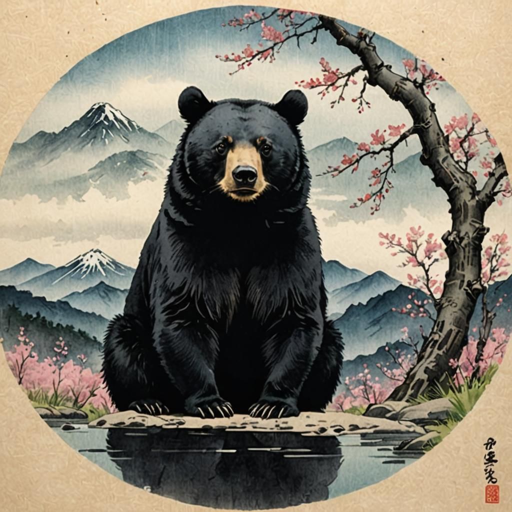 Japanese Black Bear in Spring Mountains as Ukiyo-e Print