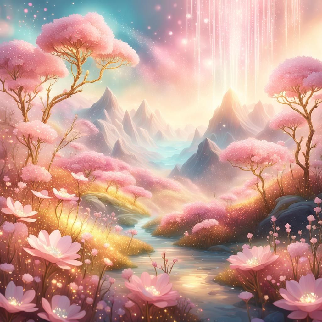 Mystical Landscape of Sparkling Crystals and Flowers