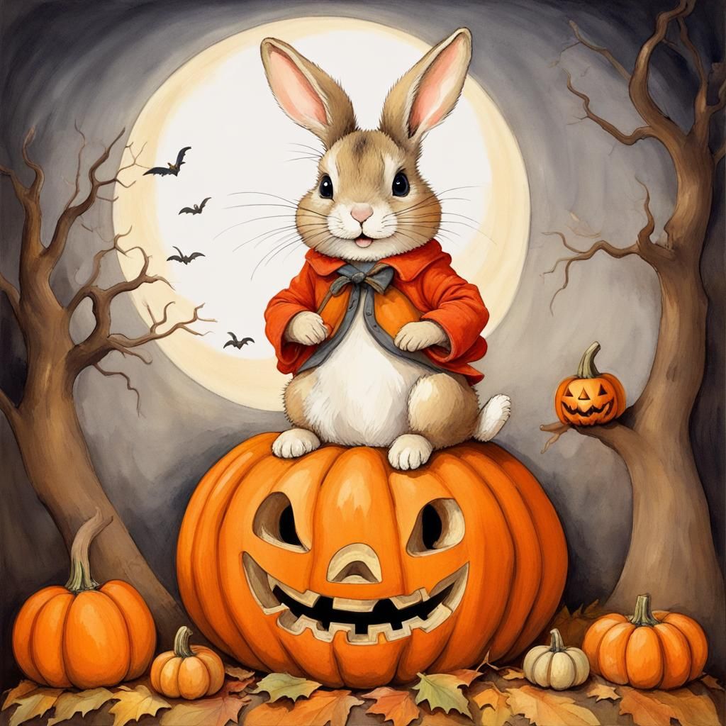 Whimsical Bunny on Halloween Pumpkin, Children's Book Art