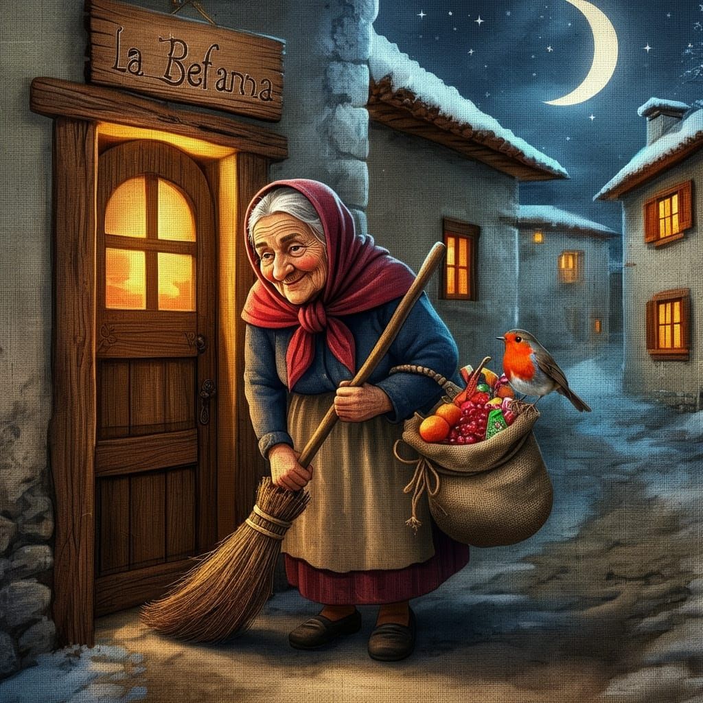 La Befana in a Traditional Italian Village at Night