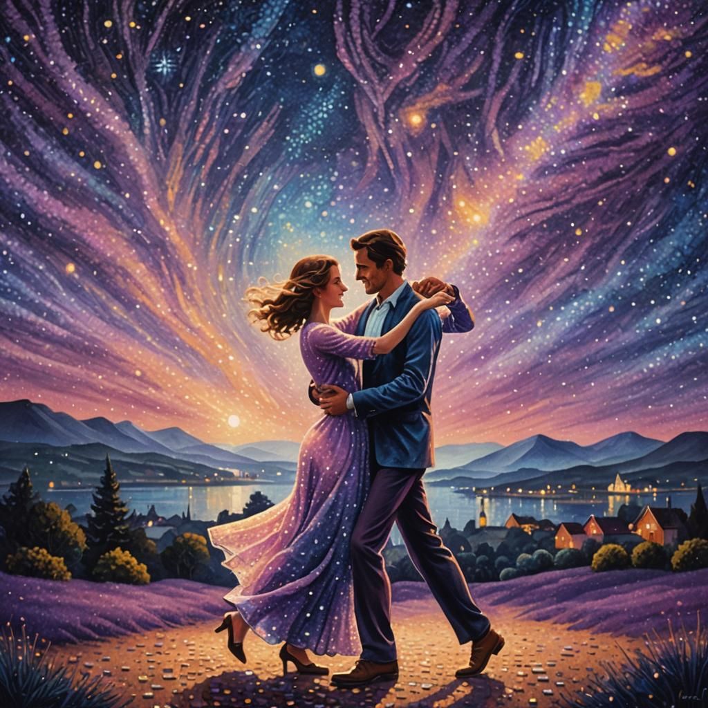 Romantic Pointillist Dance Under Starry Night Sky