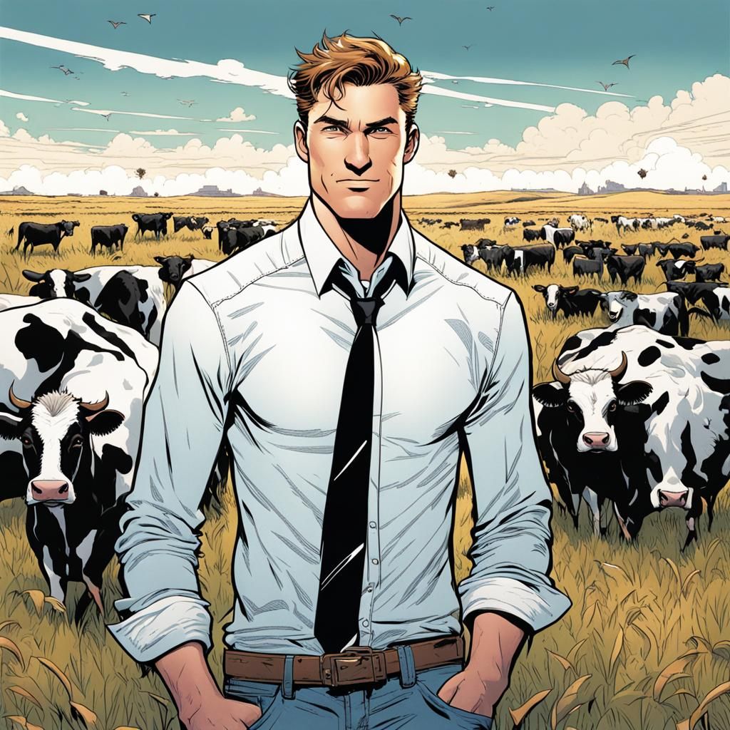 Athletic Man in Field of Cows, Comic Book Art