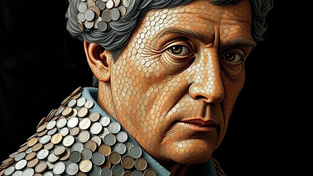 Mosaic Portrait of Historical Figure Made From Aged Coins