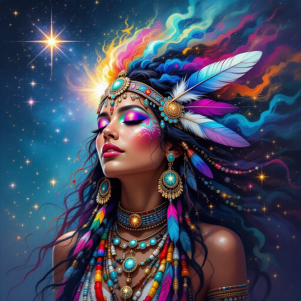 Cosmic Shamaness with Colorful Smoke Hair in Solarpunk Style