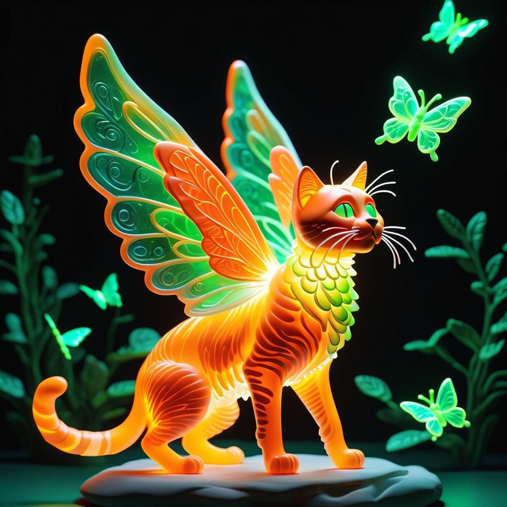 Glowing Majestic Cat with Angel Wings in Whimsical Cartoon S...