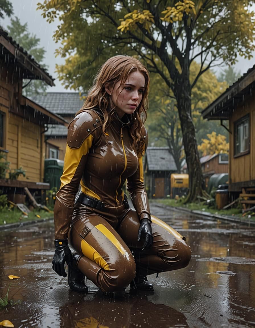 Woman in Latex Suit Kneeling in Rain, 3D Render