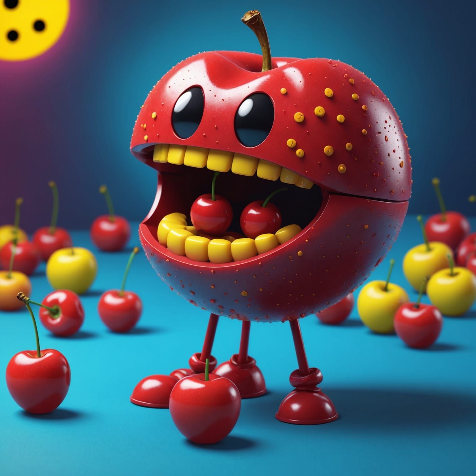 Pacman Eating Cherry: Pixar-Style 3D Render