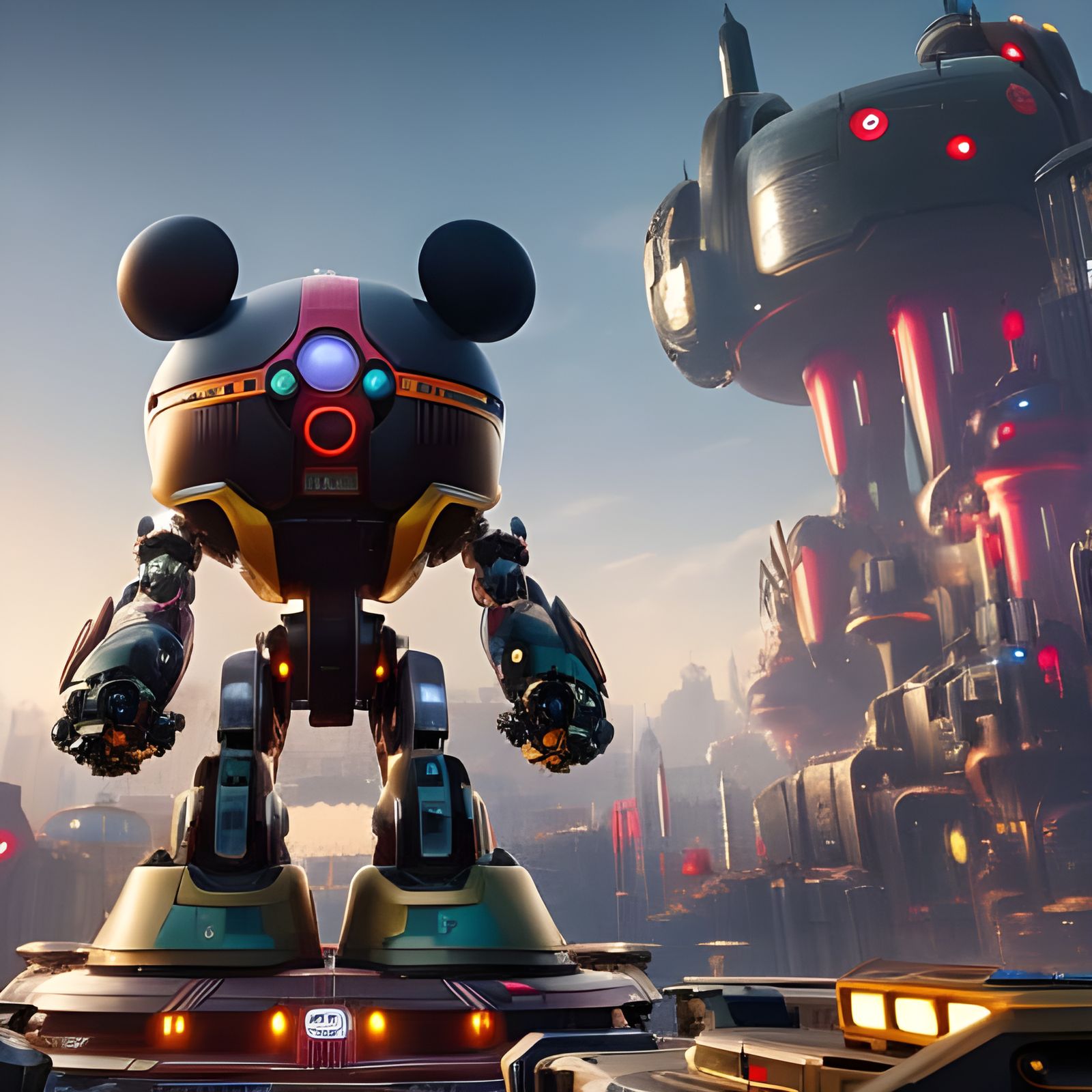 Hyperrealistic Mecha Mickey Mouse in Futuristic City